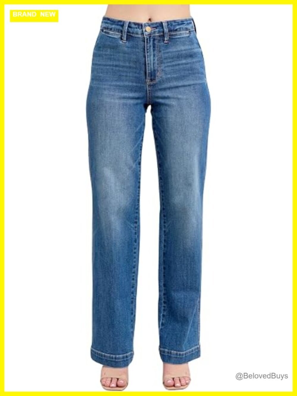 High Waist Straight Denim Trouser - Inseam 32", Stretch Cotton Blend